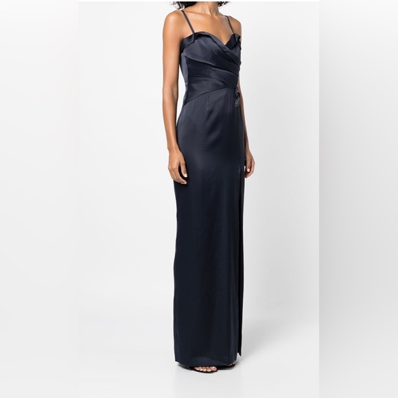 NWT Marchesa Notte Sweetheart Neckline Embroidery Satin Navy Gown - Picture 4 of 17